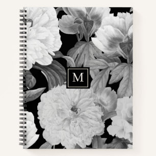 Black & White Peonies Watercolor Floral Monogram Notebook