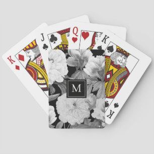 Black & White Peonies Watercolor Floral Monogram Playing Cards