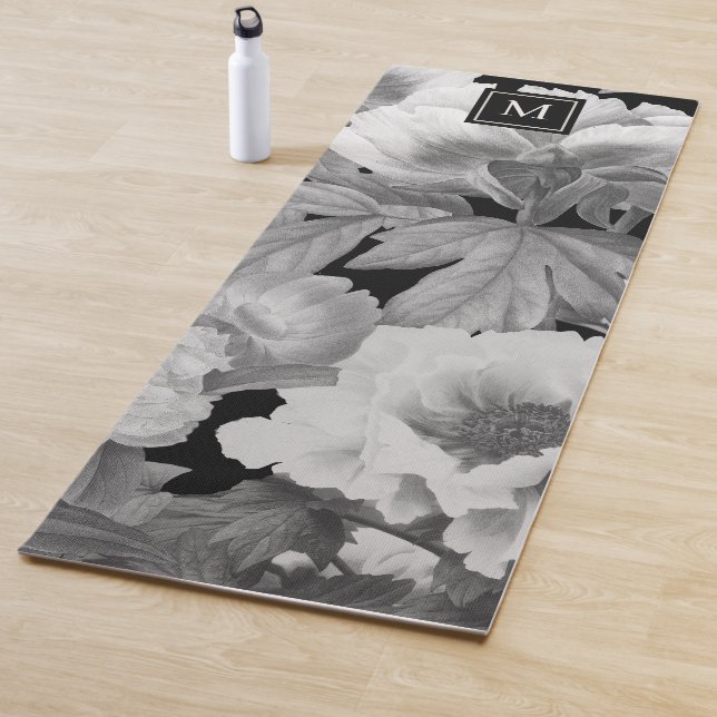 Black & White Peonies Watercolor Floral Monogram Yoga Mat (In Situ)