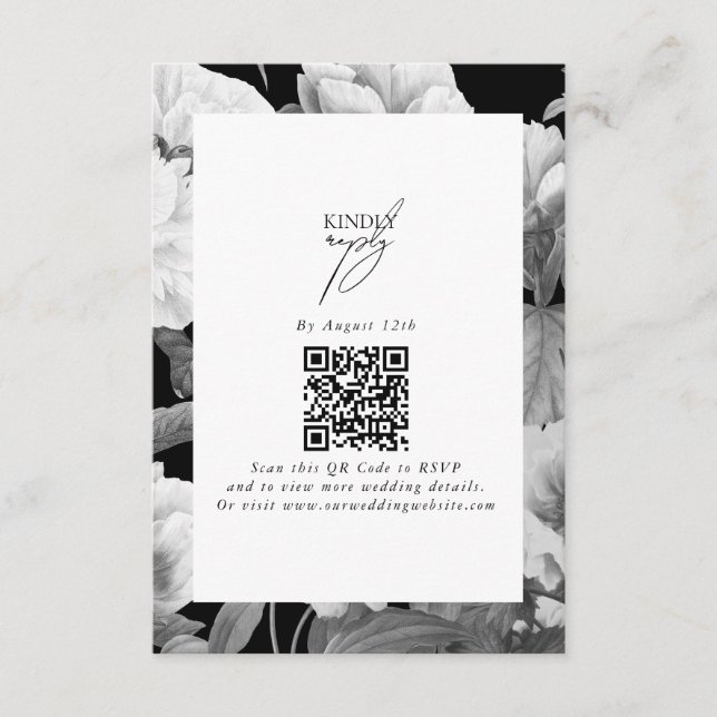 Black & White Peonies Watercolor Floral Wedding Enclosure Card (Front)