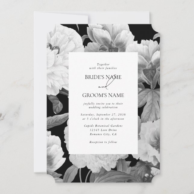 Black & White Peonies Watercolor Floral Wedding Invitation (Front)