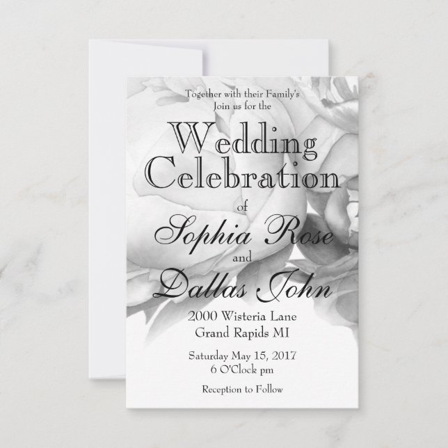 Black white peony elegant floral watercolor art  invitation (Front)