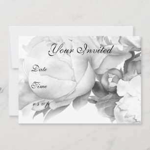 Black white peony elegant floral watercolor art invitation