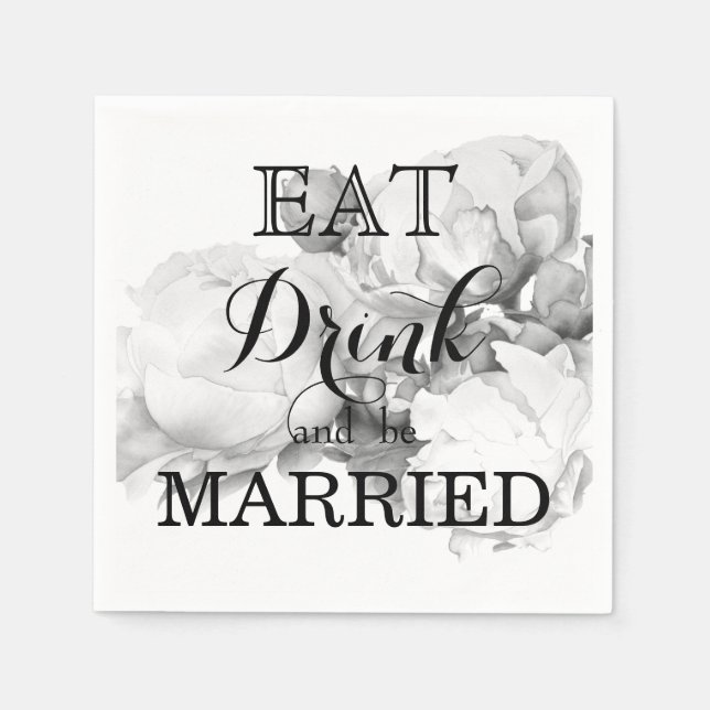 Black white peony elegant floral watercolor art  napkin (Front)