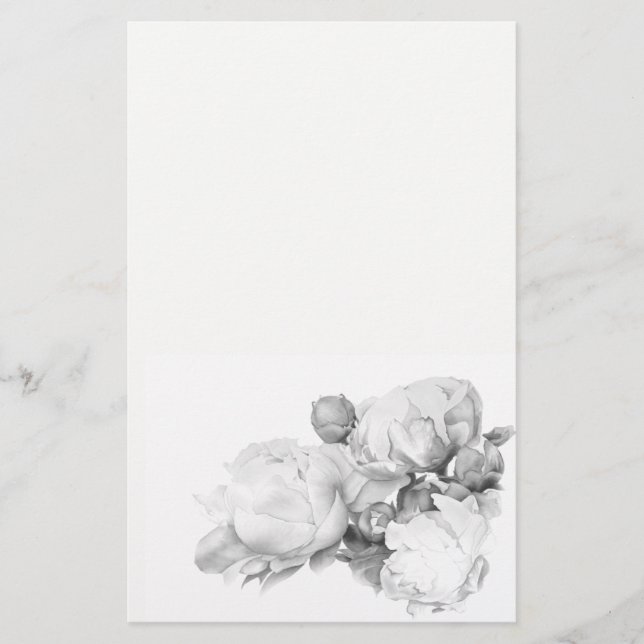 Black white peony elegant floral watercolor art  stationery (Front)