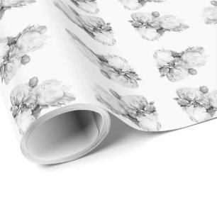 Black white peony elegant floral watercolor art  wrapping paper