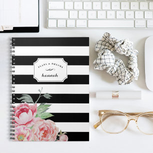 Black & White Peony Floral Stripe Notebook