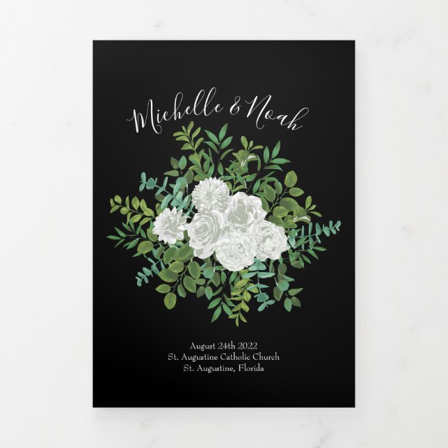 Black & White Peony & Rose Floral Wedding Programs Tri-Fold Programme (Cover)