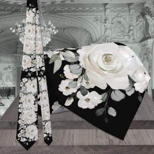 Black & White Peony Sage Eucalyptus Wedding Tie