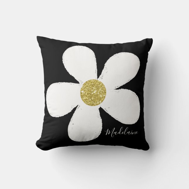 Black White Personal Simple Daisy Pattern Gold Cushion (Front)