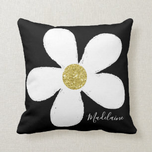 Black White Personal Simple Daisy Pattern Gold Cushion