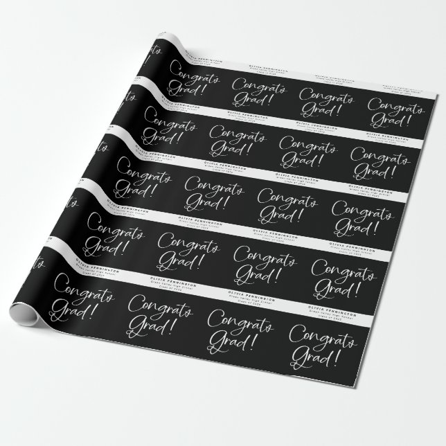 Black White Personalised Name Congrats Grad Wrapping Paper (Unrolled)