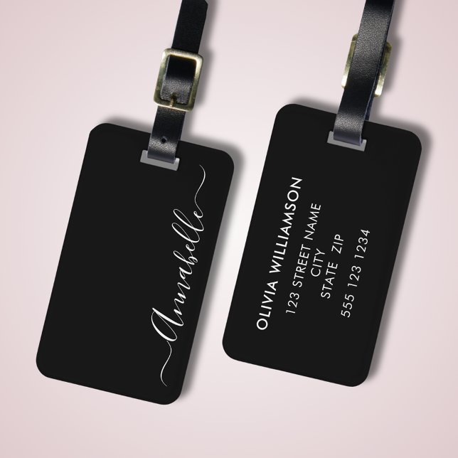 Black & White Personalised Name Luggage Tag (Stylish, elegant, black luggage tag with script name and contact details to reverse side)