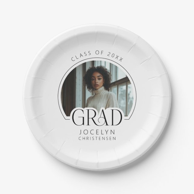 Black White Personalised Photo Grad Party Paper Plate (Front)