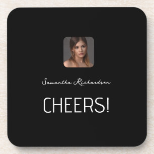 Black White Personalised Photo Name Script  Coaster