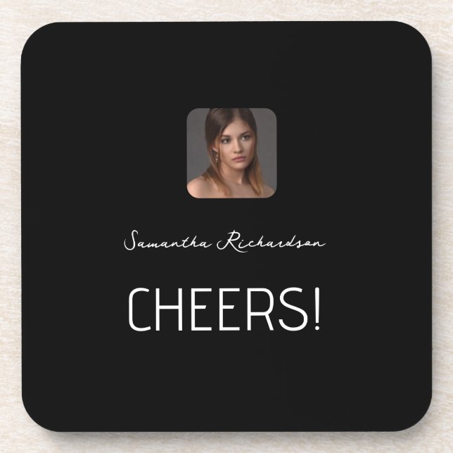 Black White Personalised Photo Name Script  Coaster (Front)