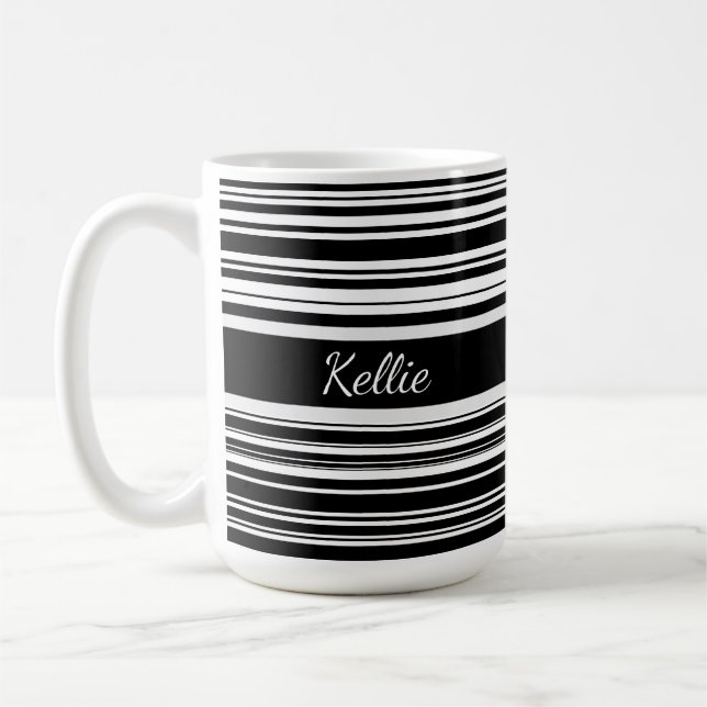 Black & White Personalised, Uneven Stripe Design Coffee Mug (Left)