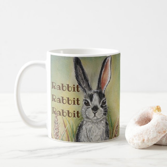 Black & White Pet Bunny Rabbit Good Luck Wish Coffee Mug (With Donut)