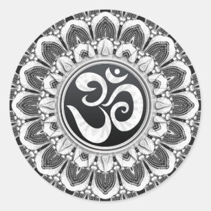 Black+White Petals Aum Mandala Art Round Sticker
