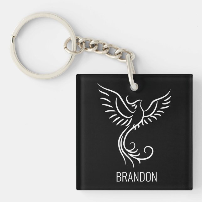 Black White Phoenix Mystical Bird Rise  Key Ring (Front)