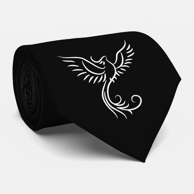 Black White Phoenix Mystical Bird Rise  Tie (Rolled)