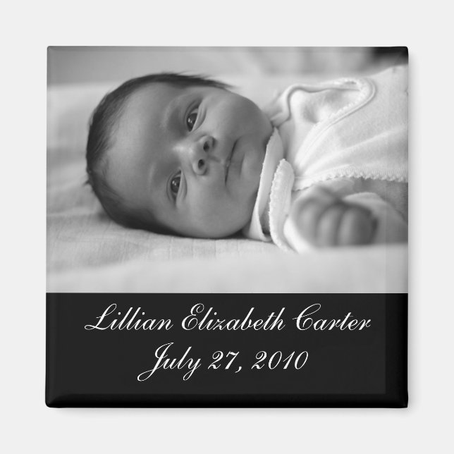 Black White Photo Baby Birth Magnet (Front)