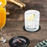 Black white photo birthday party round paper coaster<br><div class="desc">A classic black background.  Personalise and add his name,  age and photo.</div>