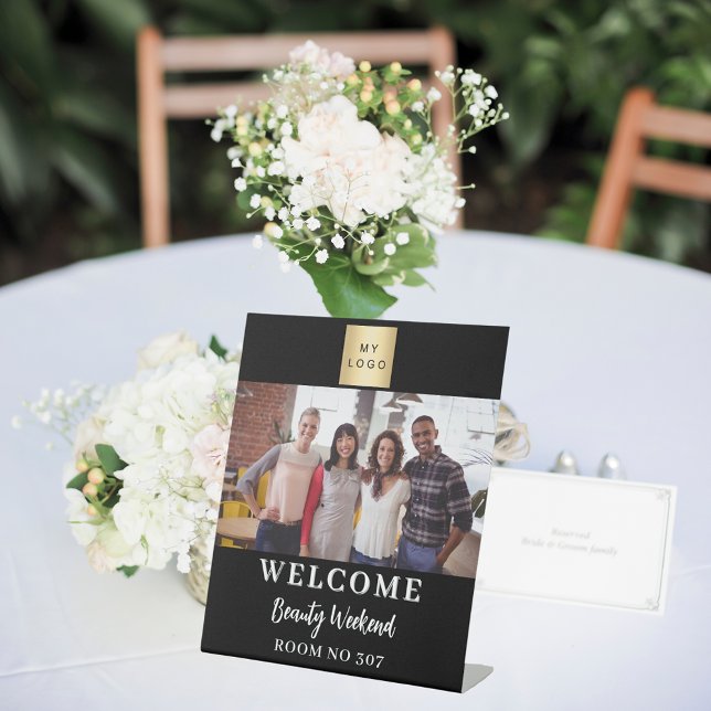 Black white photo business logo seminar welcome pedestal sign (Creator Uploaded)