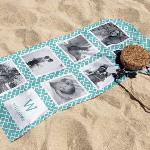 Black & White Photo Collage Aqua Monogram Beach Towel