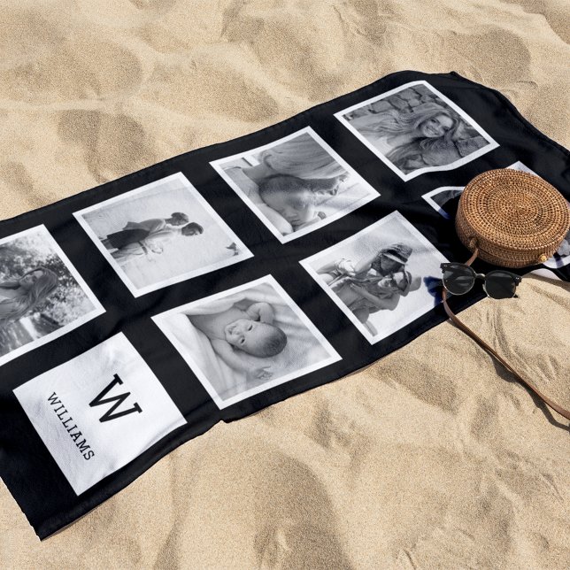 Black & White Photo Collage Monogram Beach Towel (Creator Uploaded)