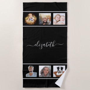 Black white photo collage name script beach towel