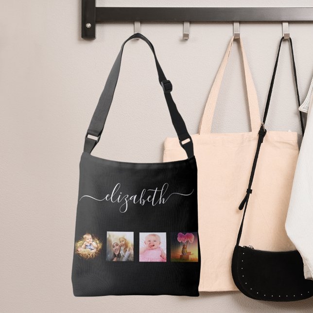 Black white photo collage name script crossbody bag (Creator Uploaded)
