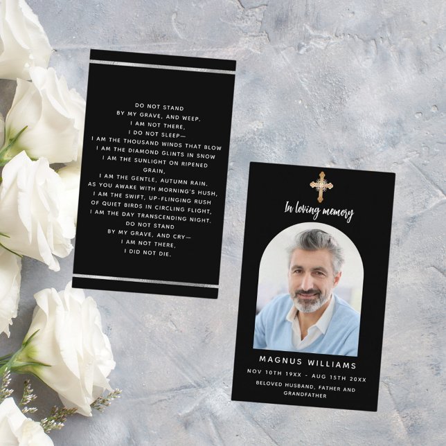 Black white photo cross arch funeral prayer card (Creator Uploaded)