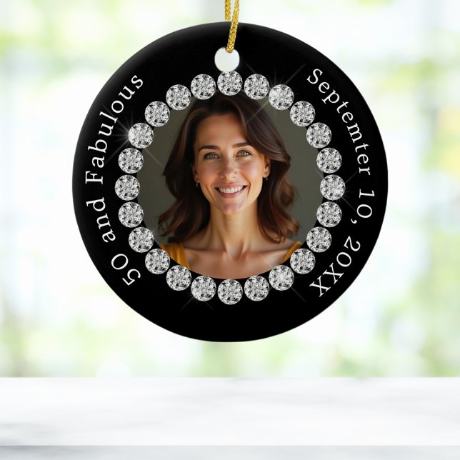 Black white photo diamonds fabulous birthday ceramic ornament (Creator Uploaded)