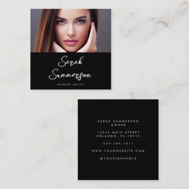 Black White Photo Elegant Makeup Artist Square Business Card (Front/Back)