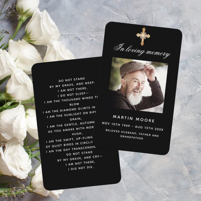 Black white photo funeral cross prayer card (Creator Uploaded)