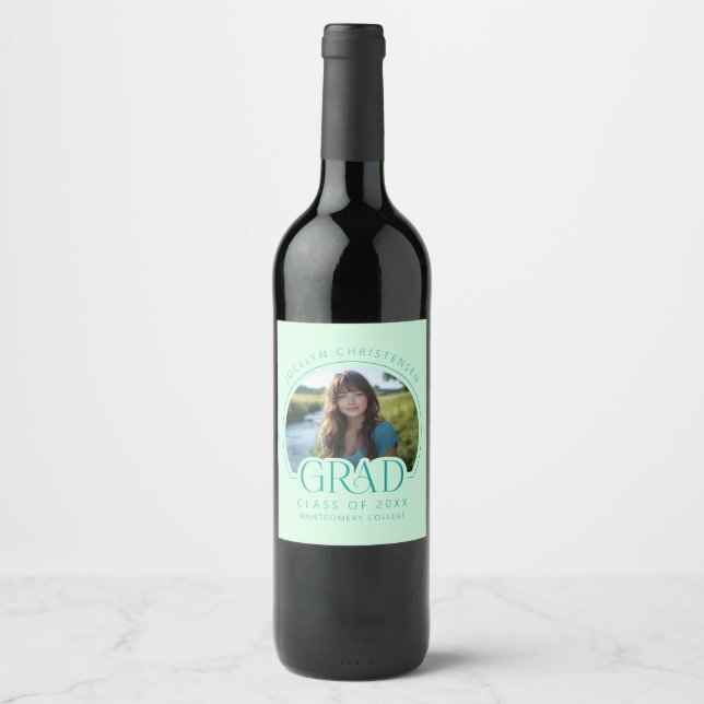 Black White Photo Grad Graduation Party Wine Label (Front)