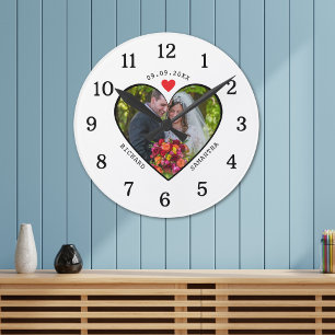 Black White Photo In Heart 1st Wedding Anniversary Round Clock