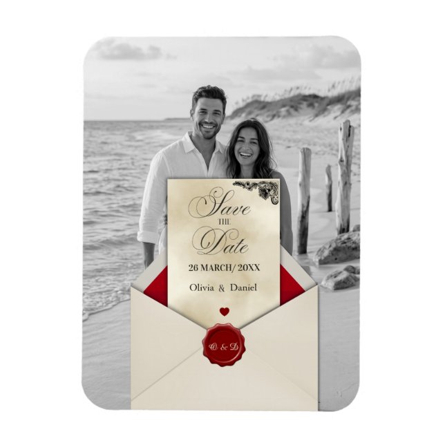 Black & White Photo Ivory Monogram Save the Date Magnet (Vertical)