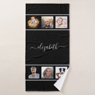 Black White photo monogram name script Bath Towel
