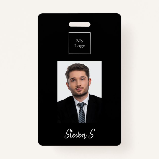 Black white photo name business logo badge ID badge (Front)