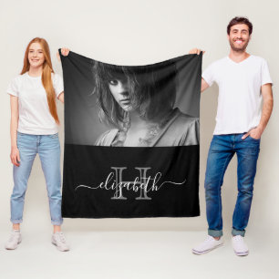 Black white photo name modern fleece blanket