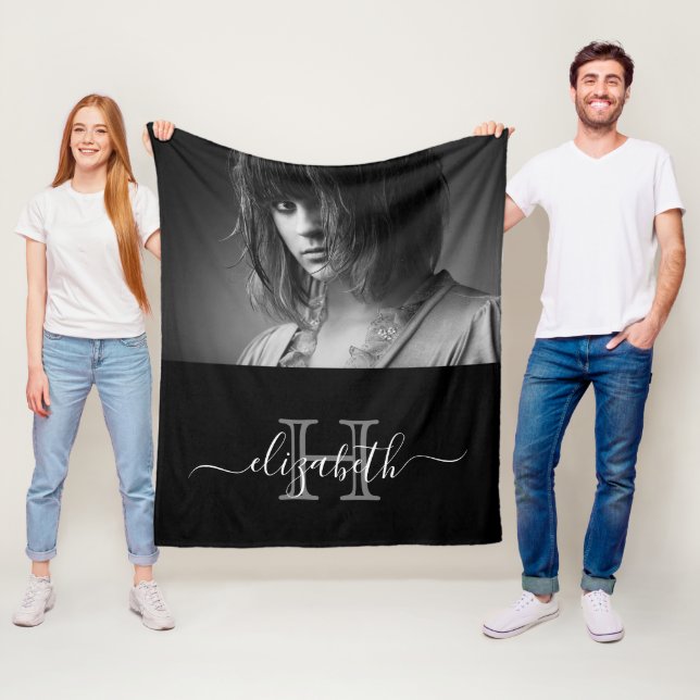 Black white photo name modern fleece blanket (In Situ)