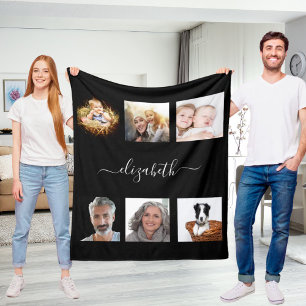 Black white photo name script elegant  fleece blanket