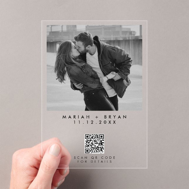 Black & White Photo QR Code Modern Wedding  Acrylic Invitations (Insitu (Handheld))
