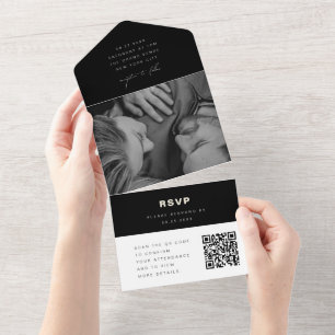 Black & White Photo QR Code RSVP Modern Wedding  All In One Invitation