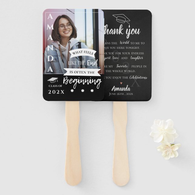 Black White Photo Quote Class of 2026 Graduation Hand Fan (Front and Back)