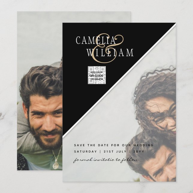 Black White PHOTO Wedding Invite QR Code Save Date (Front/Back)