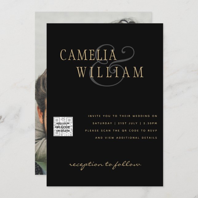 Black White PHOTO Wedding Invite QR CODE Save Date (Front/Back)