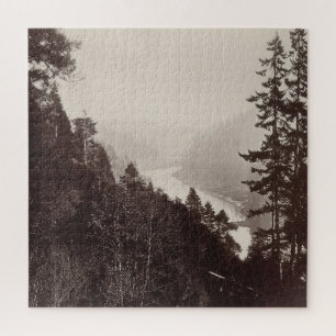 Black White Photograph Mountains, River, Pine Tree Jigsaw Puzzle